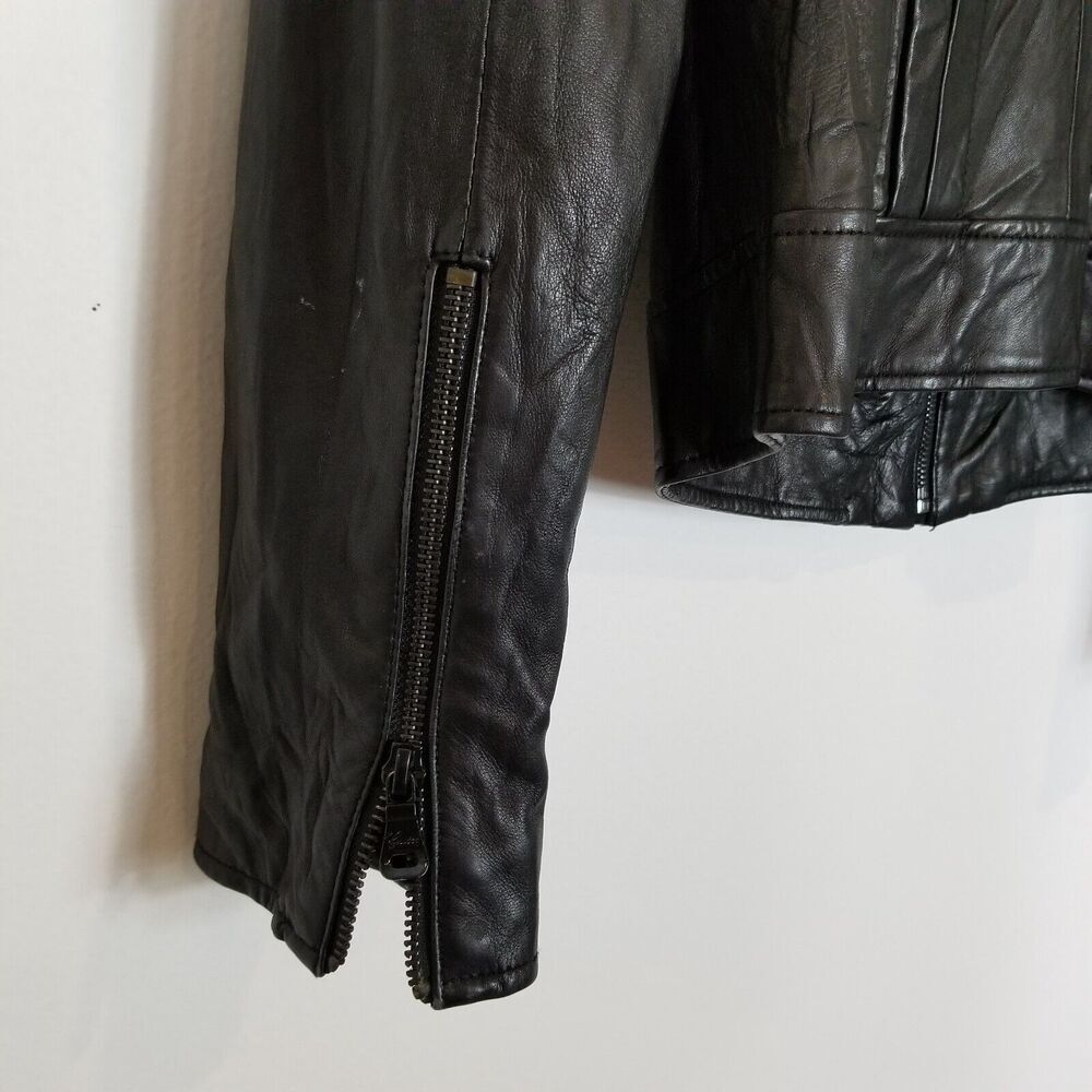 Guess Women 100% Leather Ruffle Front Jacket Sz XS Black Zip Up Short Y2K - Picture 7 of 10